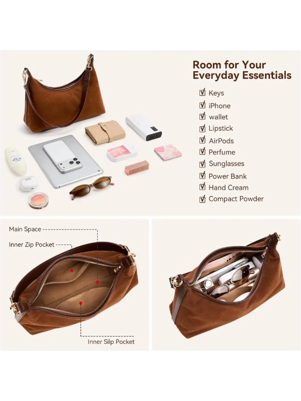Trendy Suede Hobo Bag for Women | Small Lightweight Tote with 3 Straps & Zipper